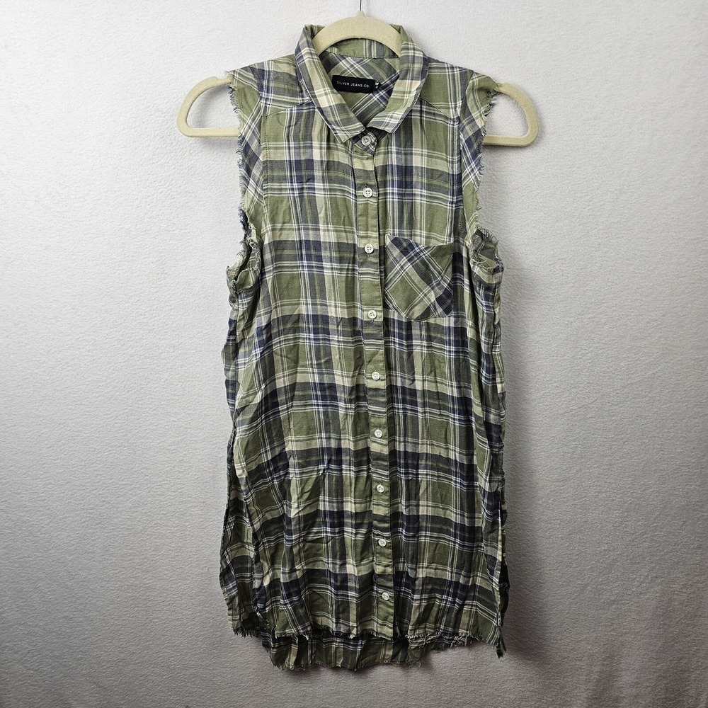 Silver Jeans Top Size XS Green Plaid Sleeveless Button Up